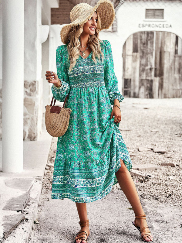 Floral Dresses- Boho Floral Smocked Bodice Midi Dress with Long Sleeves- - Pekosa Women Clothing