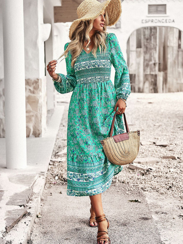 Floral Dresses- Boho Floral Smocked Bodice Midi Dress with Long Sleeves- - Pekosa Women Clothing