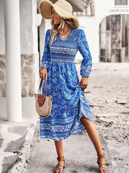 Floral Dresses- Boho Floral Smocked Bodice Midi Dress with Long Sleeves- - Pekosa Women Clothing