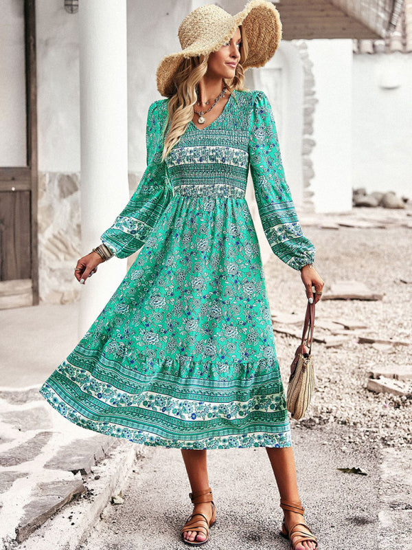 Floral Dresses- Boho Floral Smocked Bodice Midi Dress with Long Sleeves- - Pekosa Women Clothing