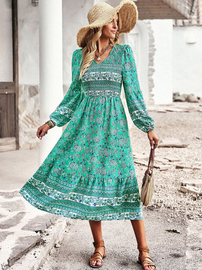 Floral Dresses- Boho Floral Smocked Bodice Midi Dress with Long Sleeves- - Pekosa Women Clothing