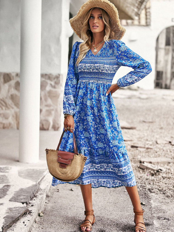 Floral Dresses- Boho Floral Smocked Bodice Midi Dress with Long Sleeves- - Pekosa Women Clothing