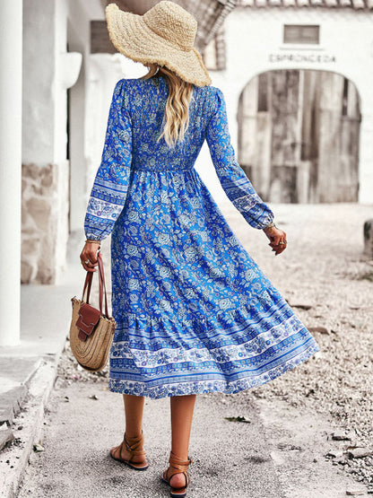 Floral Dresses- Boho Floral Smocked Bodice Midi Dress with Long Sleeves- - Pekosa Women Clothing