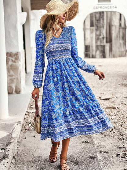 Floral Dresses- Boho Floral Smocked Bodice Midi Dress with Long Sleeves- - Pekosa Women Clothing