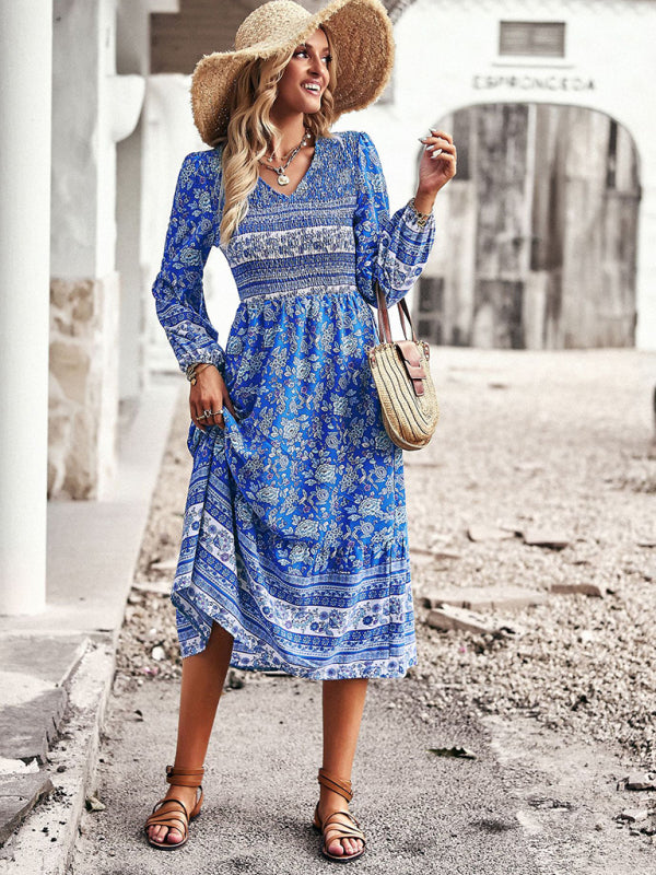 Floral Dresses- Boho Floral Smocked Bodice Midi Dress with Long Sleeves- - Pekosa Women Clothing