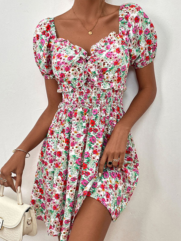 Floral Dresses- Boho Floral Sweetheart A-Line Sundress with Puff Sleeves- - Pekosa Women Fashion