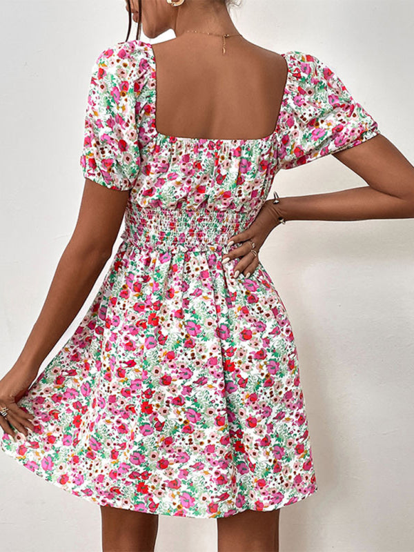 Floral Dresses- Boho Floral Sweetheart A-Line Sundress with Puff Sleeves- - Pekosa Women Fashion