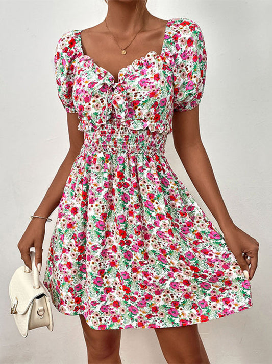 Floral Dresses- Boho Floral Sweetheart A-Line Sundress with Puff Sleeves- Rose- Pekosa Women Fashion