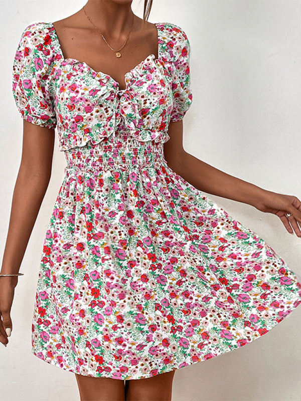 Floral Dresses- Boho Floral Sweetheart A-Line Sundress with Puff Sleeves- - Pekosa Women Fashion