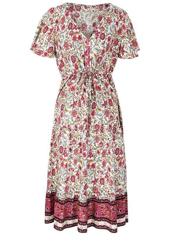 Floral Dresses- Casual Cotton Floral Short Sleeve Tie-Waist Midi Dress- White- Pekosa Women Clothing