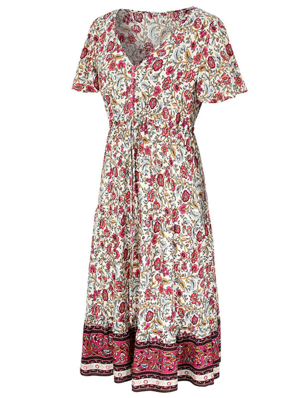 Floral Dresses- Casual Cotton Floral Short Sleeve Tie-Waist Midi Dress- - Pekosa Women Clothing