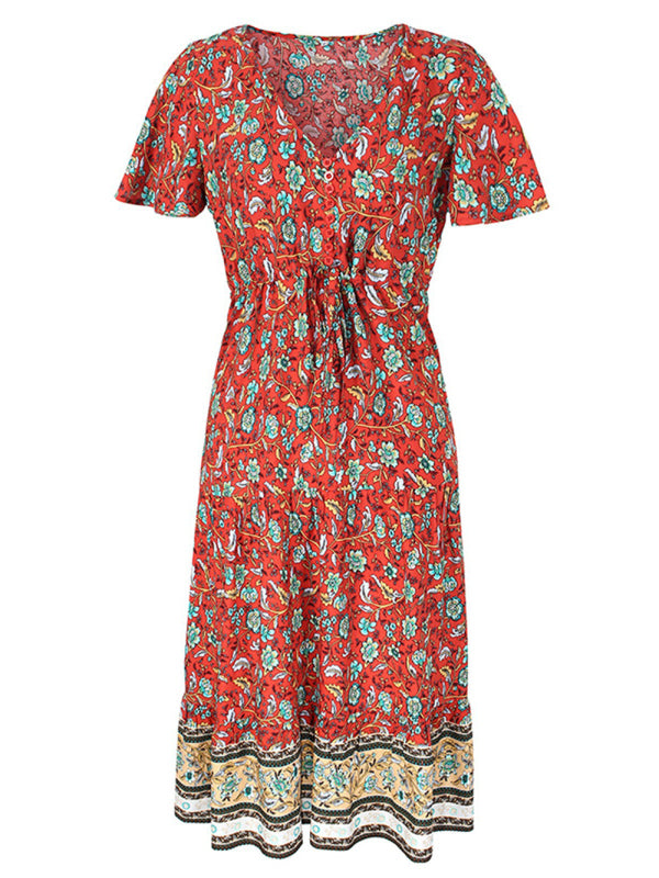 Floral Dresses- Casual Cotton Floral Short Sleeve Tie-Waist Midi Dress- - Pekosa Women Clothing