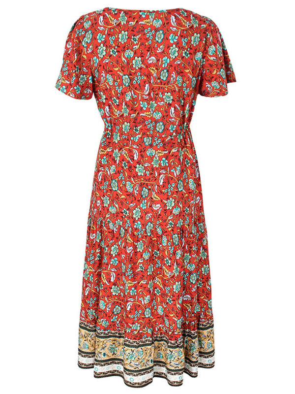 Floral Dresses- Casual Cotton Floral Short Sleeve Tie-Waist Midi Dress- - Pekosa Women Clothing