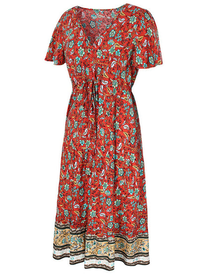 Floral Dresses- Casual Cotton Floral Short Sleeve Tie-Waist Midi Dress- - Pekosa Women Clothing