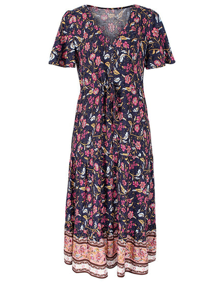 Floral Dresses- Casual Cotton Floral Short Sleeve Tie-Waist Midi Dress- Black- Pekosa Women Clothing