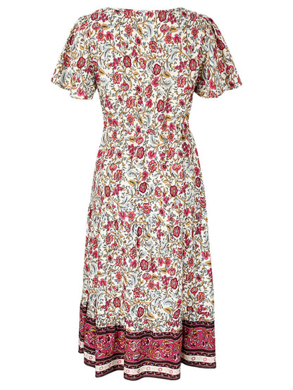 Floral Dresses- Casual Cotton Floral Short Sleeve Tie-Waist Midi Dress- - Pekosa Women Clothing