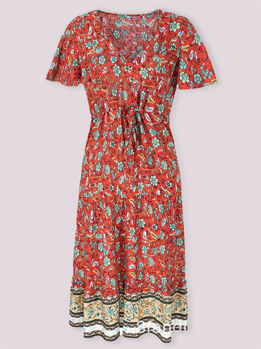 Floral Dresses- Casual Cotton Floral Short Sleeve Tie-Waist Midi Dress- Red- Pekosa Women Clothing