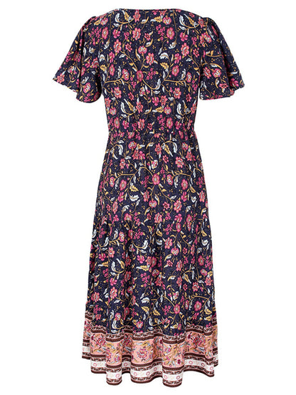 Floral Dresses- Casual Cotton Floral Short Sleeve Tie-Waist Midi Dress- - Pekosa Women Clothing