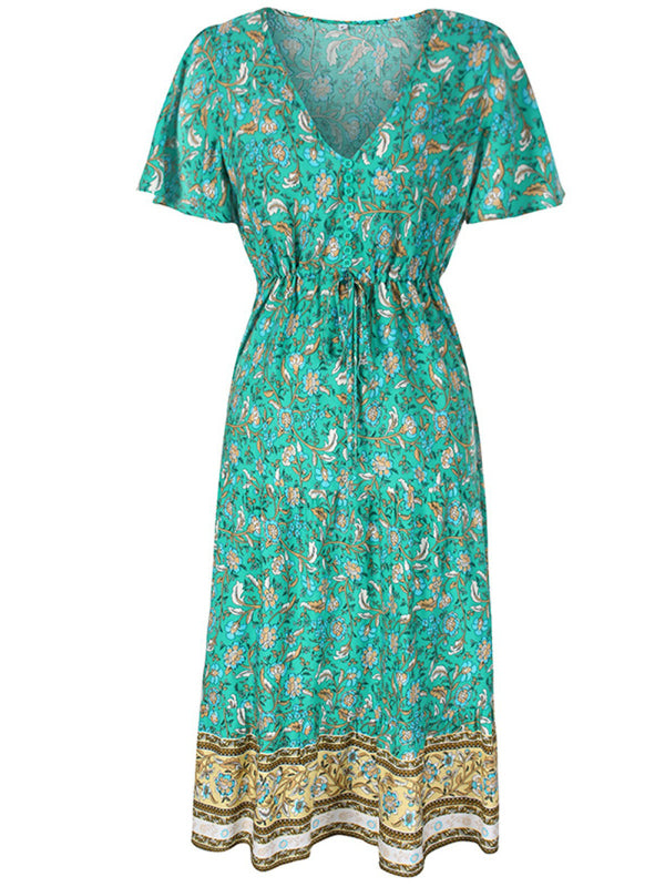 Floral Dresses- Casual Cotton Floral Short Sleeve Tie-Waist Midi Dress- Green- Pekosa Women Clothing