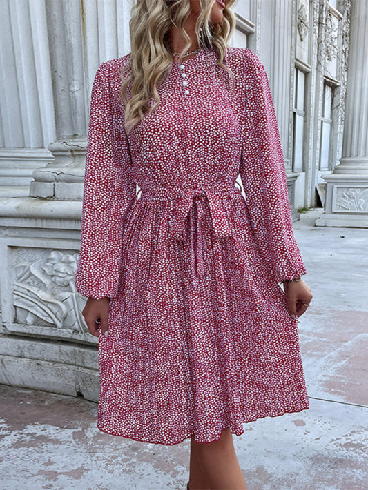 Floral Dresses- Ditsy Floral Midi Dress: Belted, Long Sleeve, Pleated- Wine Red- Pekosa Women Clothing