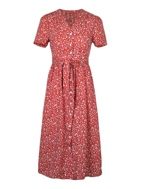 Floral Dresses- Ditsy Floral V-Neck Button-Up Midi Dress with Tie Waist- - Chuzko Women Clothing