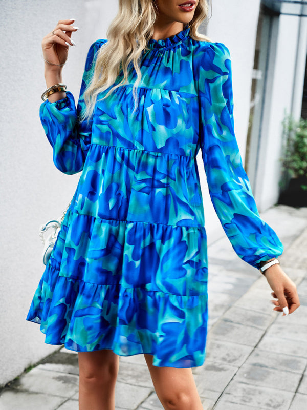 Floral Dresses- Elegant Women's Floral Tiered Dress with Long Lantern Sleeve- Blue- Pekosa Women Clothing