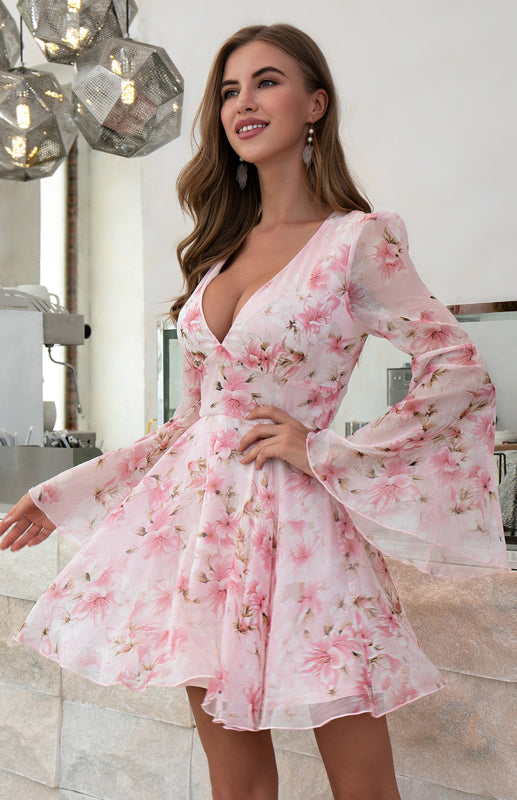 Floral Dresses- Elegant Women's Plunge Dress with Long Bell Sleeve- Pink- Pekosa Women Clothing