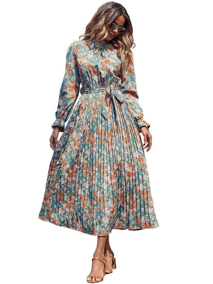 Floral Dresses- Fall in Love: Women's Floral Midi Dress with Matching Belt Tie- - Pekosa Women Clothing