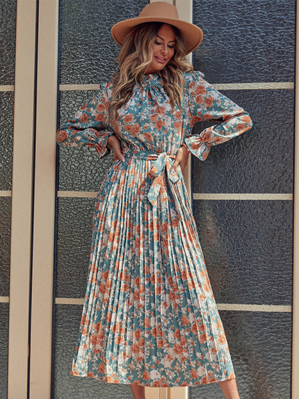 Floral Dresses- Fall in Love: Women's Floral Midi Dress with Matching Belt Tie- - Pekosa Women Clothing