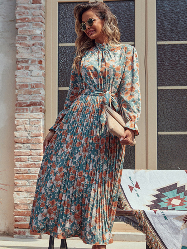 Floral Dresses- Fall in Love: Women's Floral Midi Dress with Matching Belt Tie- - Pekosa Women Clothing