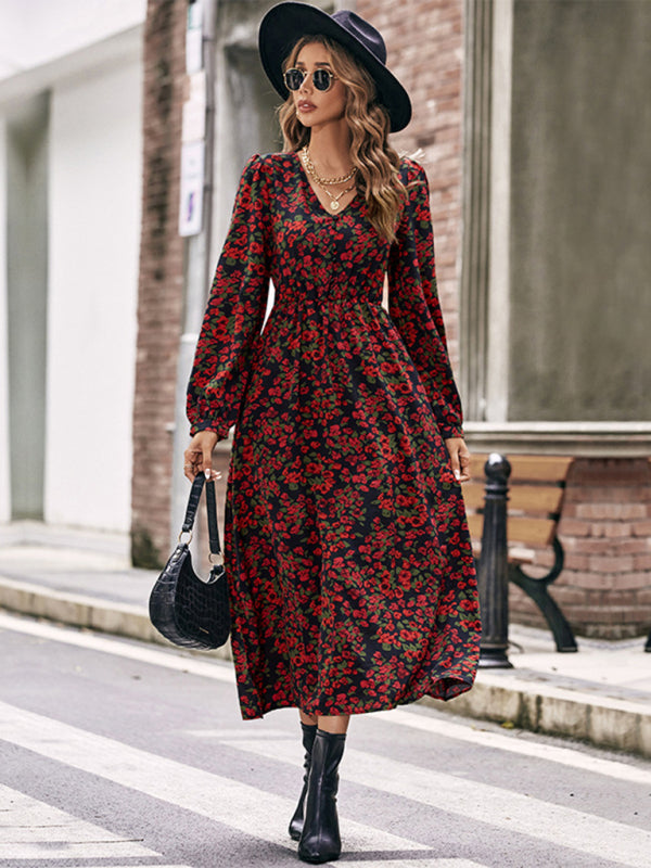 Floral Dresses- Festive Roses Print Long Sleeve Swing Midi Dress- - Pekosa Women Clothing