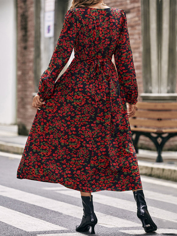 Floral Dresses- Festive Roses Print Long Sleeve Swing Midi Dress- - Pekosa Women Clothing