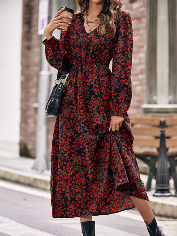 Floral Dresses- Festive Roses Print Long Sleeve Swing Midi Dress- - Pekosa Women Clothing