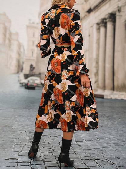 Floral Dresses- Floral A-Line Midi Shirt Dress with Long Sleeves & Belt-Tie- - Pekosa Women Clothing