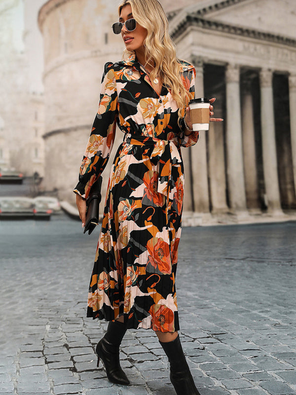 Floral Dresses- Floral A-Line Midi Shirt Dress with Long Sleeves & Belt-Tie- - Pekosa Women Clothing