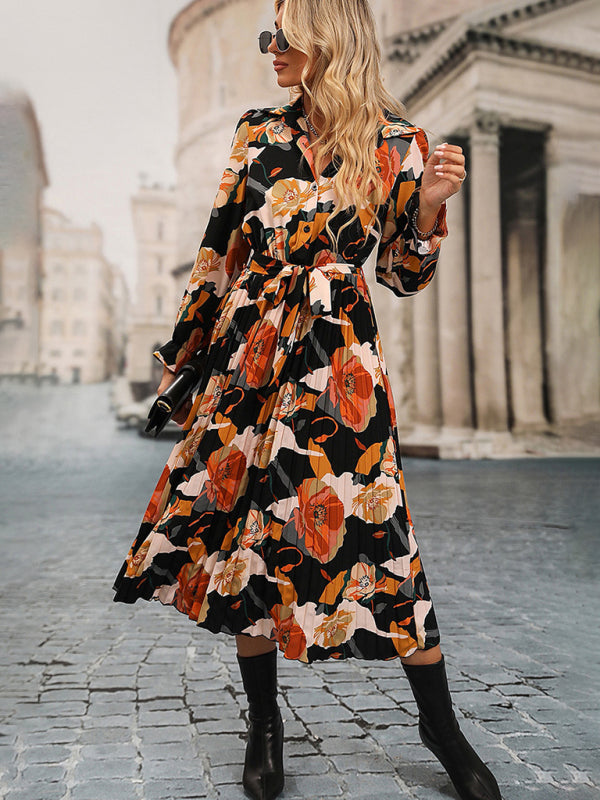 Floral Dresses- Floral A-Line Midi Shirt Dress with Long Sleeves & Belt-Tie- - Pekosa Women Clothing