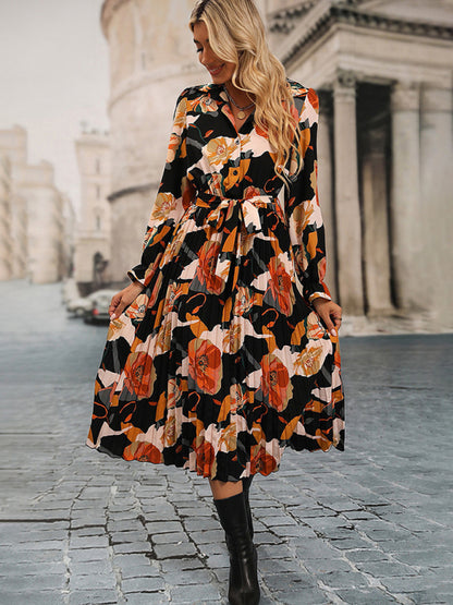 Floral Dresses- Floral A-Line Midi Shirt Dress with Long Sleeves & Belt-Tie- - Pekosa Women Clothing