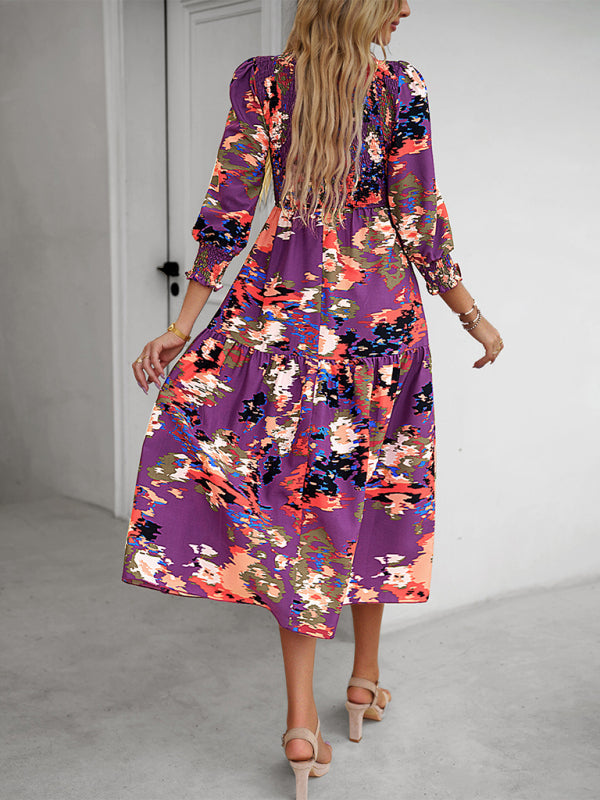 Floral Dresses- Floral A-Line Smocked Bodice Midi Dress with Flowing Tiered Skirt- - Pekosa Women Clothing