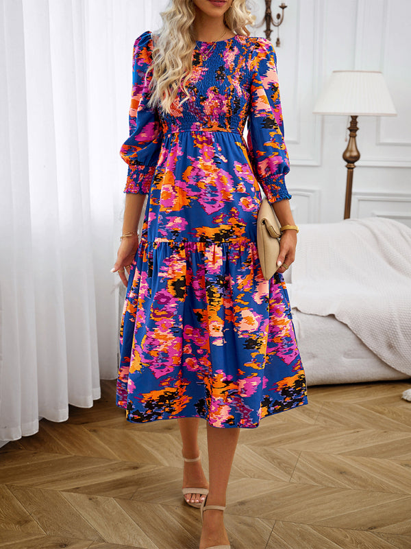 Floral Dresses- Floral A-Line Smocked Bodice Midi Dress with Flowing Tiered Skirt- Blue- Pekosa Women Clothing