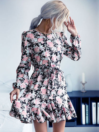 Floral Dresses- Floral Long-Sleeve Belt-Tie Mini Dress- Pink- Pekosa Women Clothing