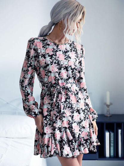 Floral Dresses- Floral Long-Sleeve Belt-Tie Mini Dress- - Pekosa Women Clothing