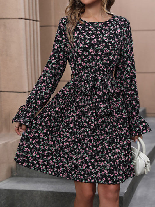 Floral Dresses- Floral Long Sleeve Belted A-Line Dress in Pleated Finish- Black- Pekosa Women Clothing