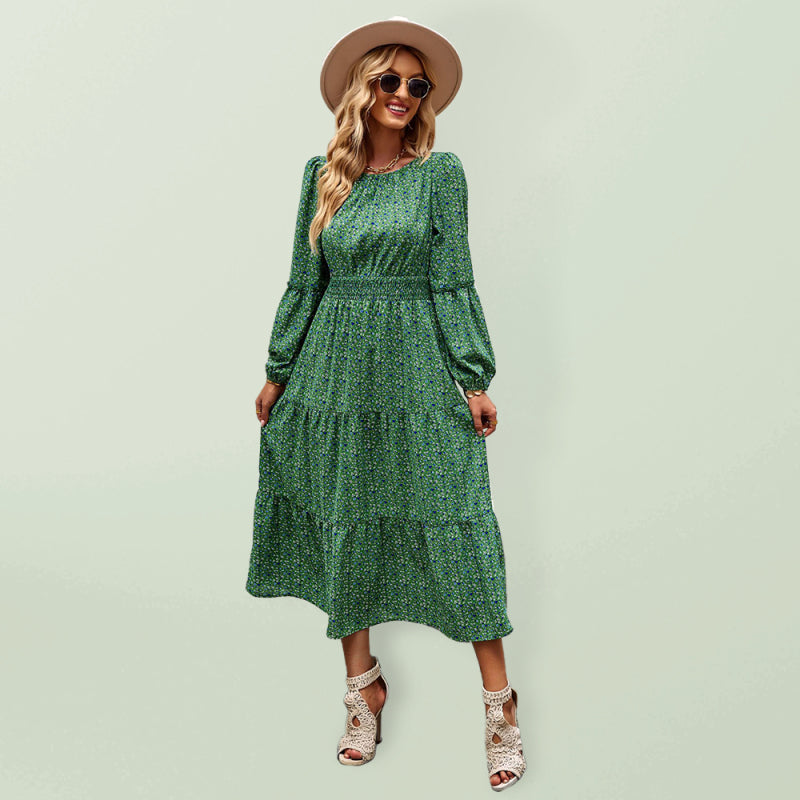 Floral Dresses- Floral Long Sleeve Smocked Waist Long Dress- Green- Pekosa Women Clothing