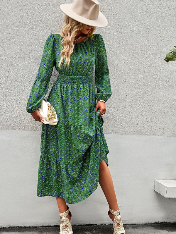 Floral Dresses- Floral Long Sleeve Smocked Waist Long Dress- - Pekosa Women Clothing