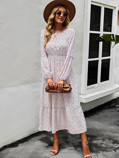 Floral Dresses- Floral Long Sleeve Smocked Waist Long Dress- - Pekosa Women Clothing