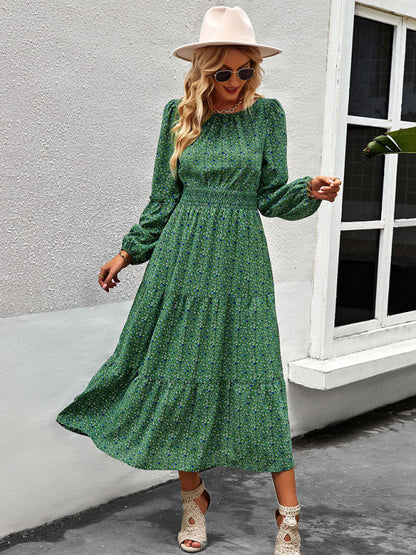 Floral Dresses- Floral Long Sleeve Smocked Waist Long Dress- - Pekosa Women Clothing