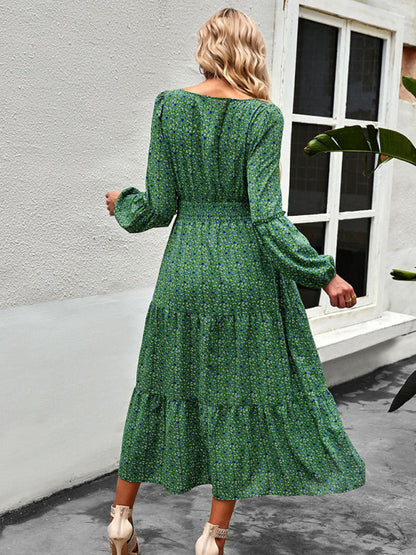 Floral Dresses- Floral Long Sleeve Smocked Waist Long Dress- - Pekosa Women Clothing