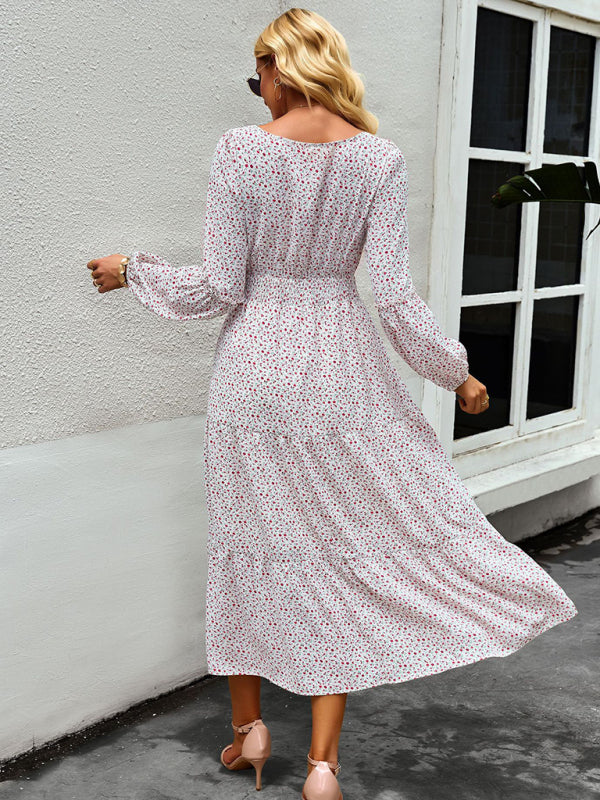 Floral Dresses- Floral Long Sleeve Smocked Waist Long Dress- - Pekosa Women Clothing