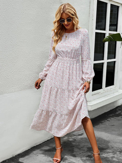 Floral Dresses- Floral Long Sleeve Smocked Waist Long Dress- - Pekosa Women Clothing