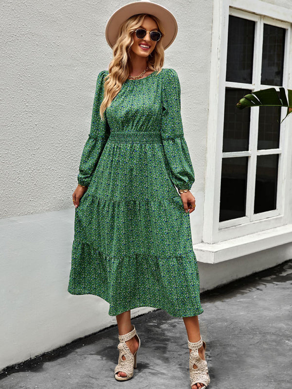 Floral Dresses- Floral Long Sleeve Smocked Waist Long Dress- - Pekosa Women Clothing